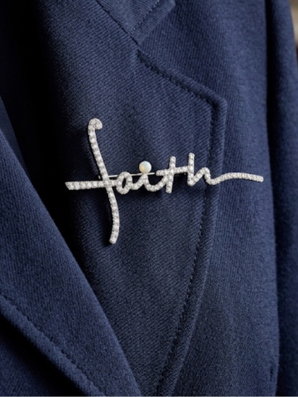 Faith Brooch Silver Rhinestone Christian Cross Pin Coquette Spiritual